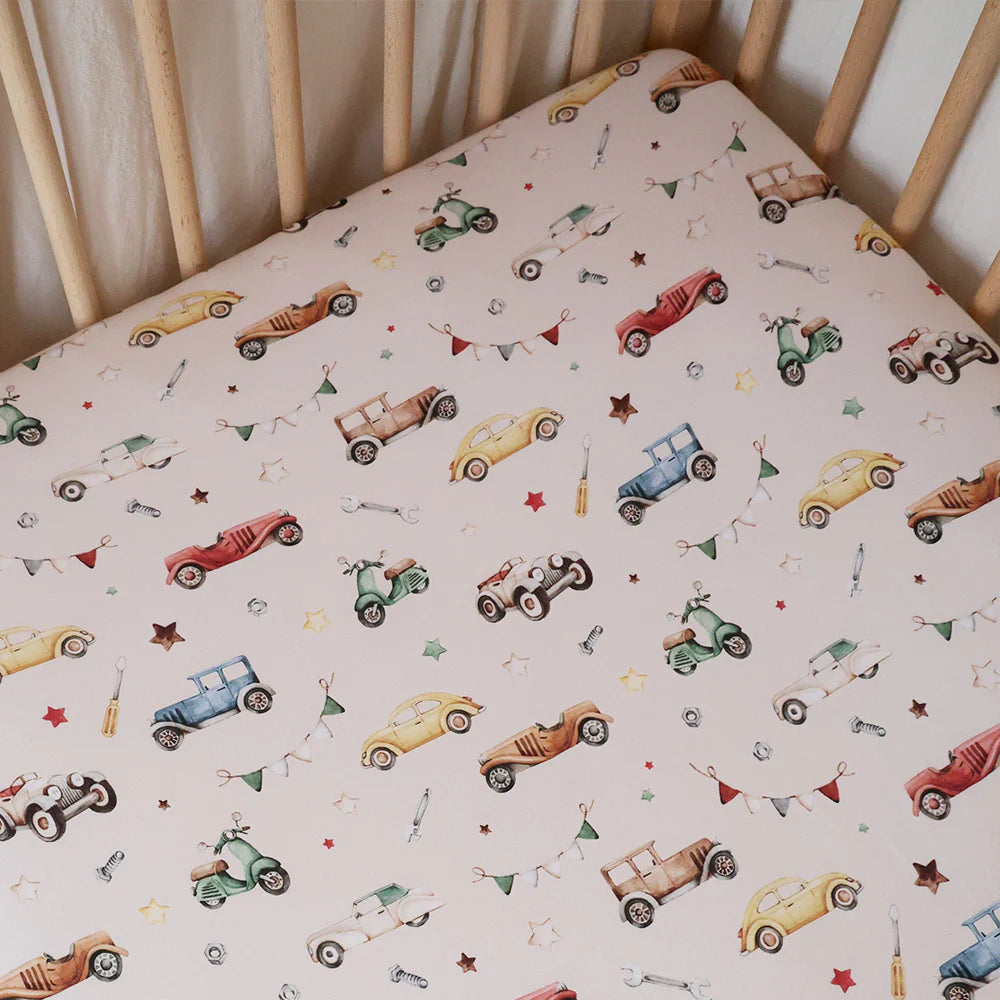 Vintage Cars Organic Fitted Cot Sheet - Snuggle Hunny