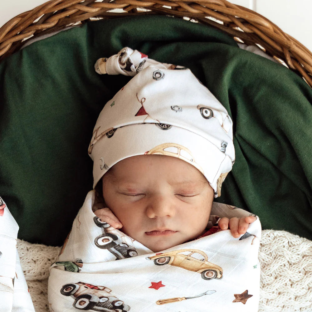 Vintage Cars Organic Knotted Beanie - Snuggle Hunny