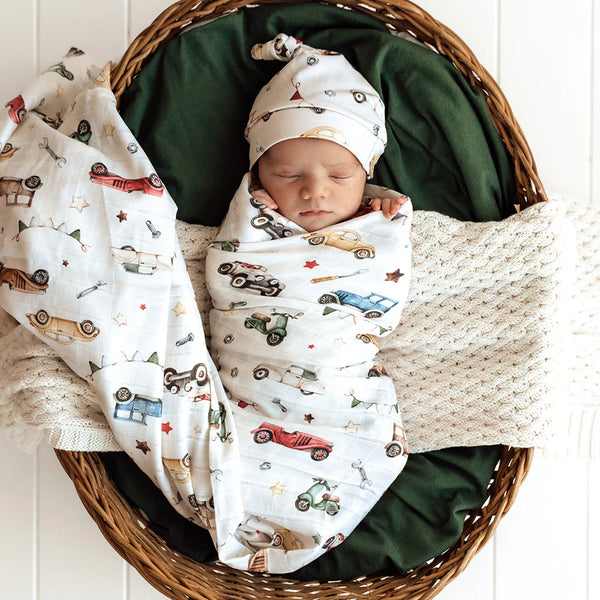 *Vintage Cars Organic Muslin Wrap - Snuggle Hunny - DISCOUNTED