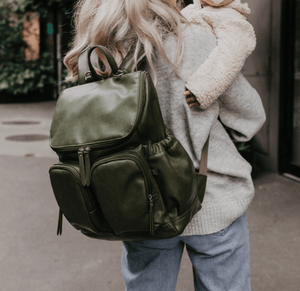 Faux Leather Nappy Backpack - Olive- OIOI