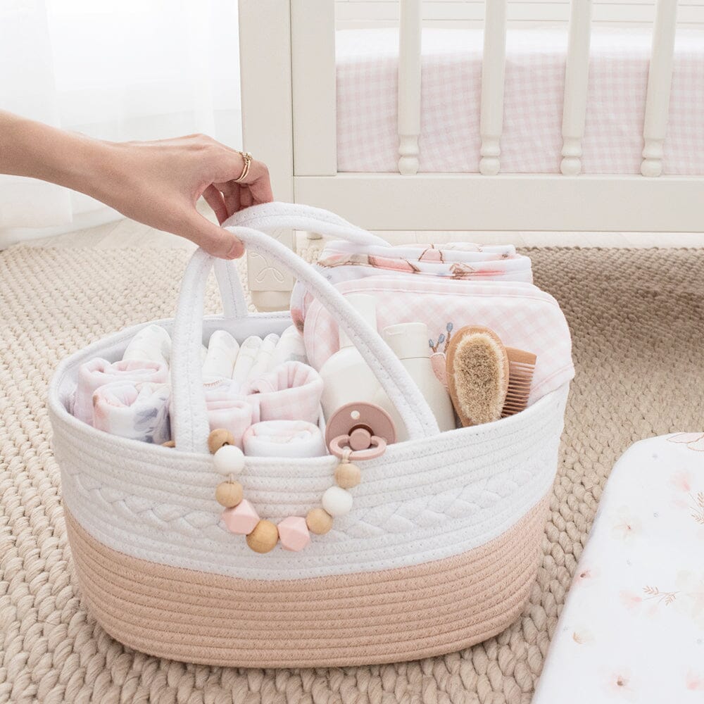 100% Cotton Rope Nappy Caddy - Blush/White - Living Textiles