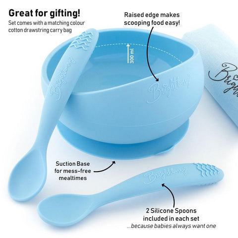 Silicone Suction Bowl Set with Spoons - Pacific Blue - Brightberry