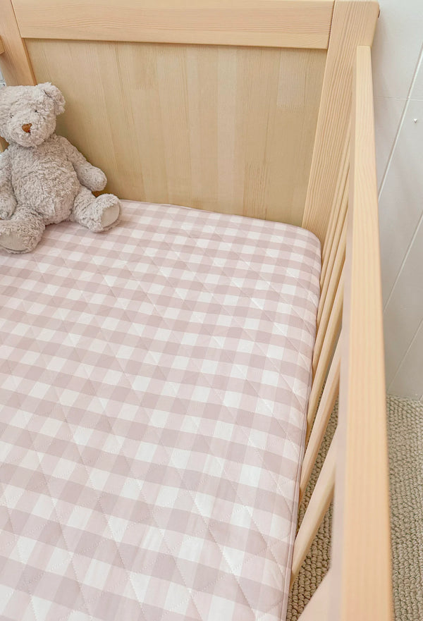 Waterproof Cot Sheet & Mattress Protector | Blush Gingham - Bambella Designs