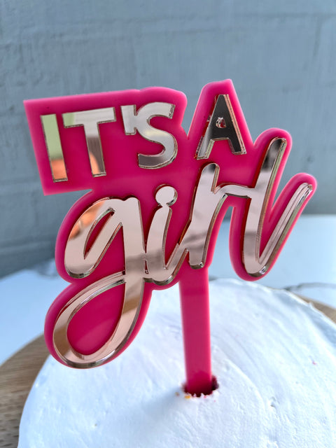Its A Girl - Rose Gold Mirror/Baby Pink - Cake Topper - Mai Creative DISCOUNTED
