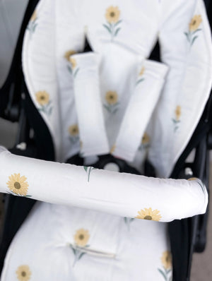 Pram Bar Cover | White Sunflower - Bambella Designs
