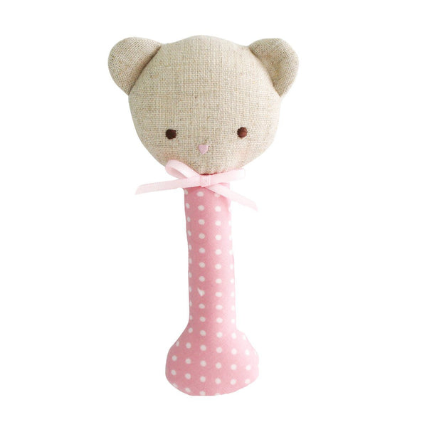 Baby Bear Stick Rattle - Pink with white spots - Alimrose