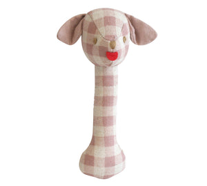 Puppy Stick Rattle Rose Check Linen - Alimrose
