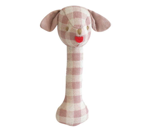 Puppy Stick Rattle Rose Check Linen - Alimrose
