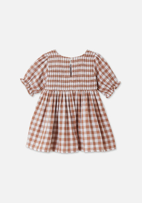 Shirred Puff Sleeve Dress - Cinnamon Gingham - Miann & Co DISCOUNTED