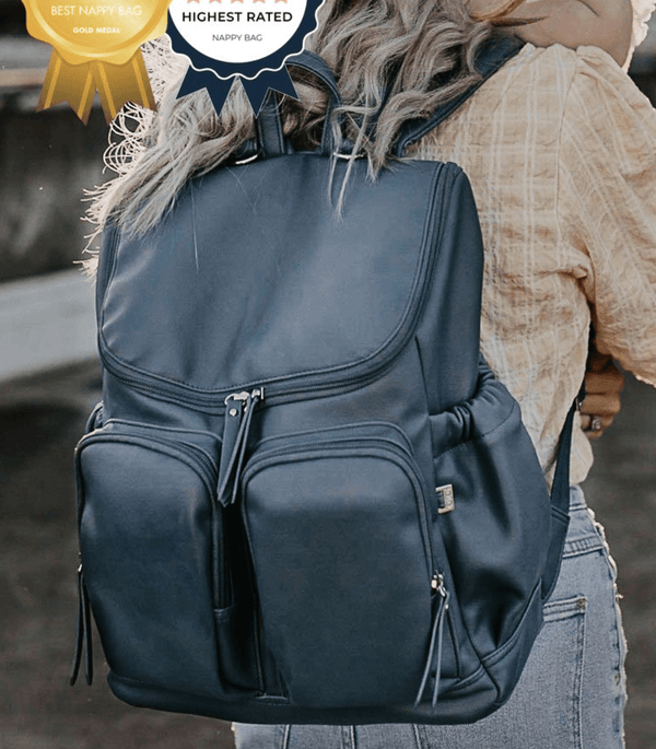 Faux Leather Nappy Backpack - Stone Blue - OIOI