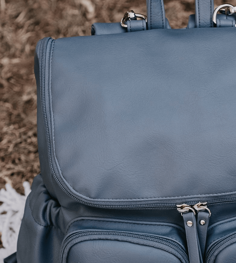 Faux Leather Nappy Backpack - Stone Blue - OIOI
