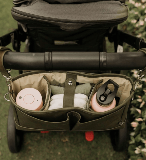 Faux Leather Stroller Organiser/Pram Caddy - Olive - OIOI DISCOUNTED
