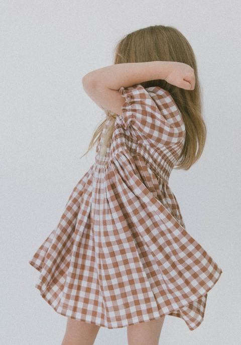 Shirred Puff Sleeve Dress - Cinnamon Gingham - Miann & Co DISCOUNTED