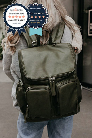 Faux Leather Nappy Backpack - Olive- OIOI