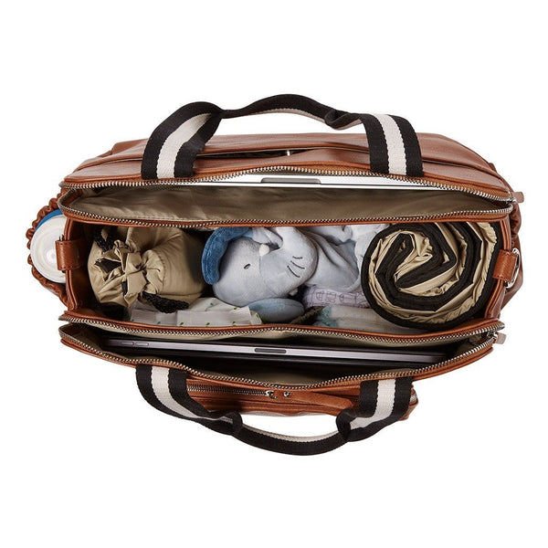 Faux Leather Tote Triple Compartment Nappy Bag - Tan - OIOI