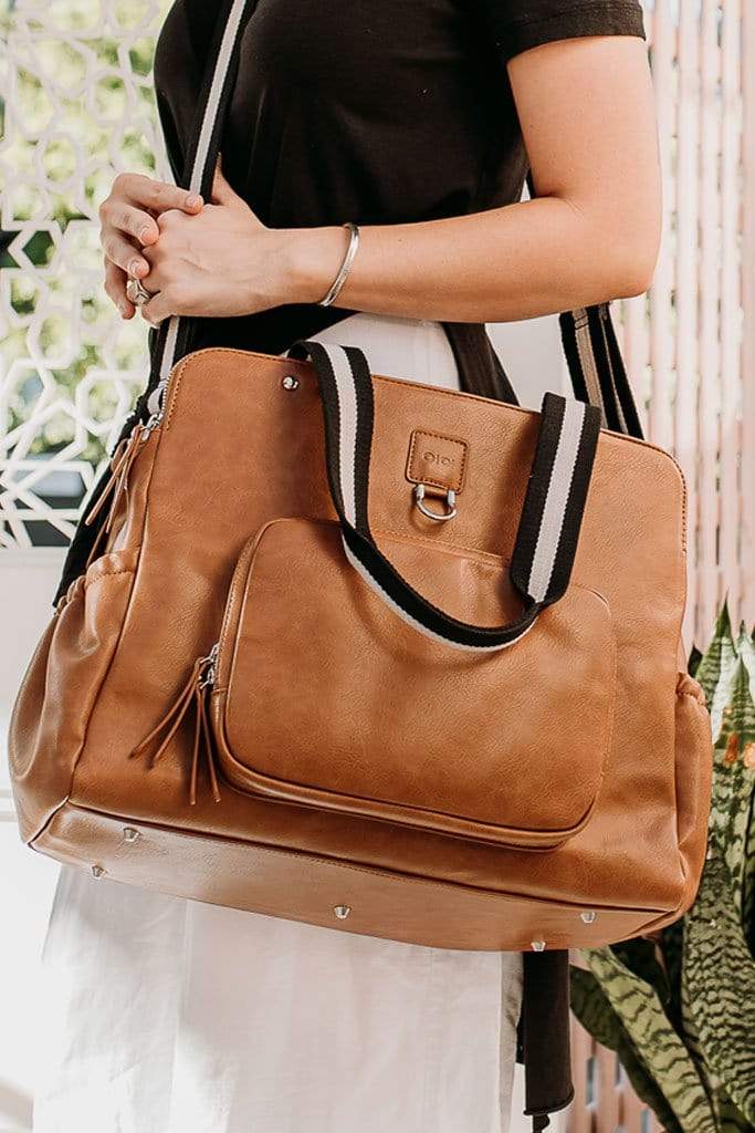 Faux Leather Tote Triple Compartment Nappy Bag - Tan - OIOI