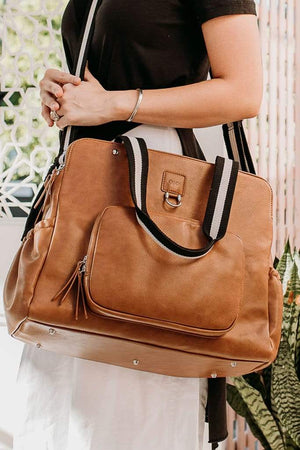 Faux Leather Tote Triple Compartment Nappy Bag - Tan - OIOI