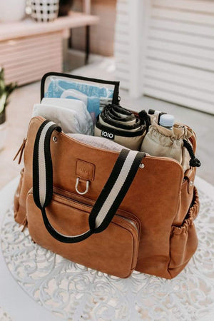Faux Leather Tote Triple Compartment Nappy Bag - Tan - OIOI